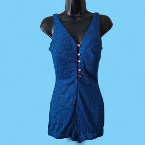 Vintage 60s Blue Glittery Button-Up Romper Swimsuit